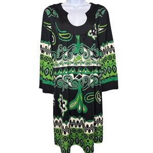 Macy's INC Womens Black Green Modern Print Liquid Knit Tunic Dress Sz L Stretch